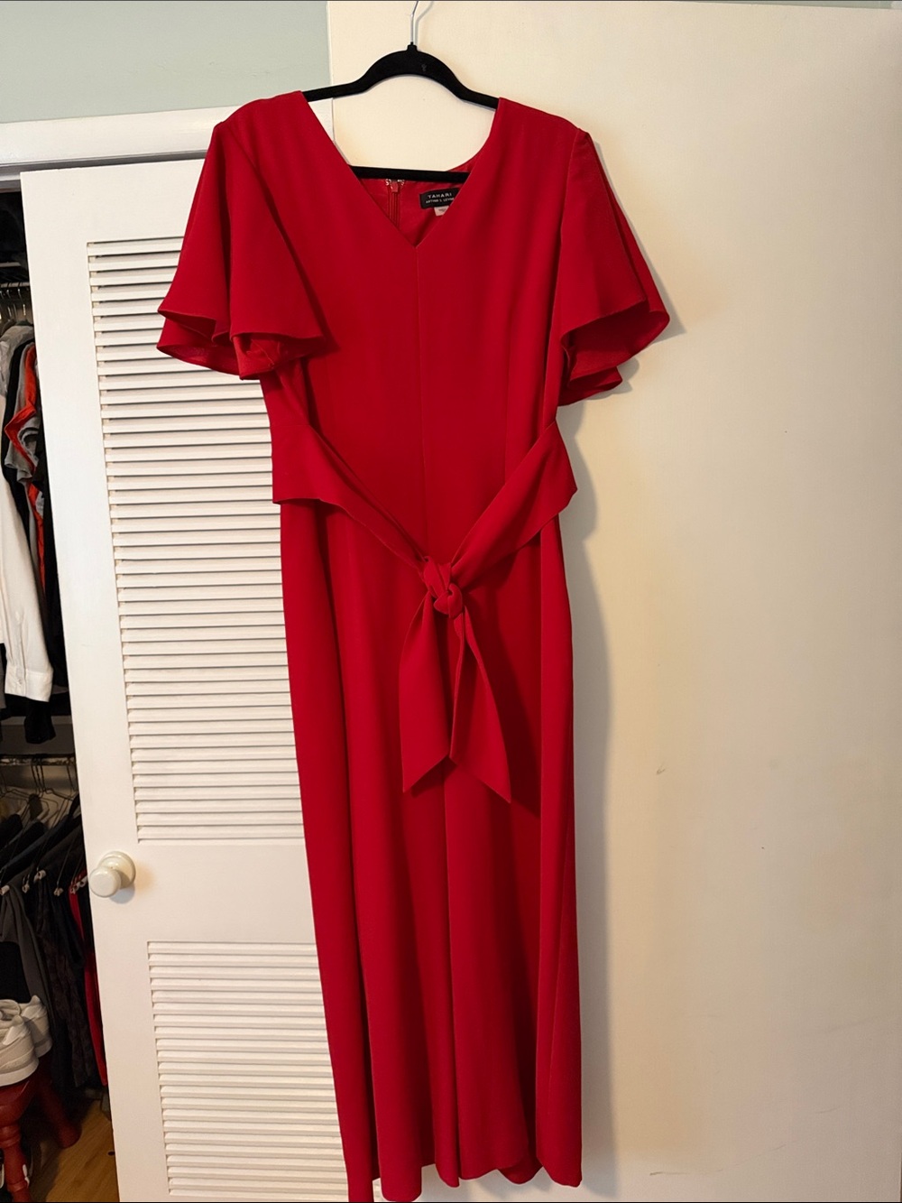 Tahari Red Tie-Waist Jumpsuit with flutter sleeves